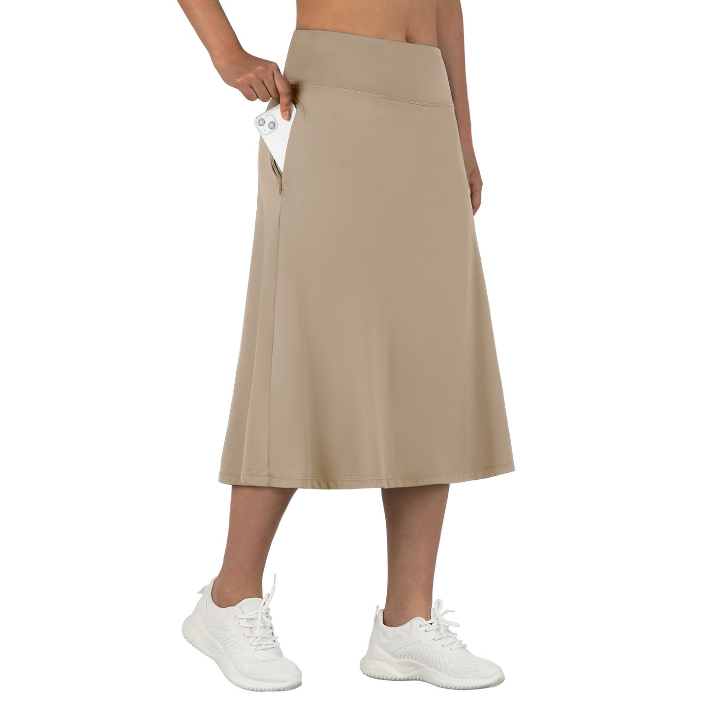 28" Knee Length Skorts Skirts for Women with Zipper Pockets Stretchy Modest Aline Midi Skort for Casual Summer