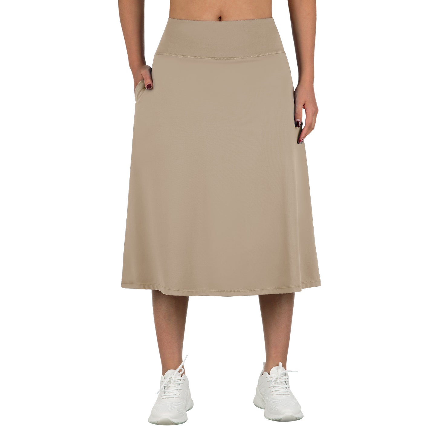 28" Knee Length Skorts Skirts for Women with Zipper Pockets Stretchy Modest Aline Midi Skort for Casual Summer
