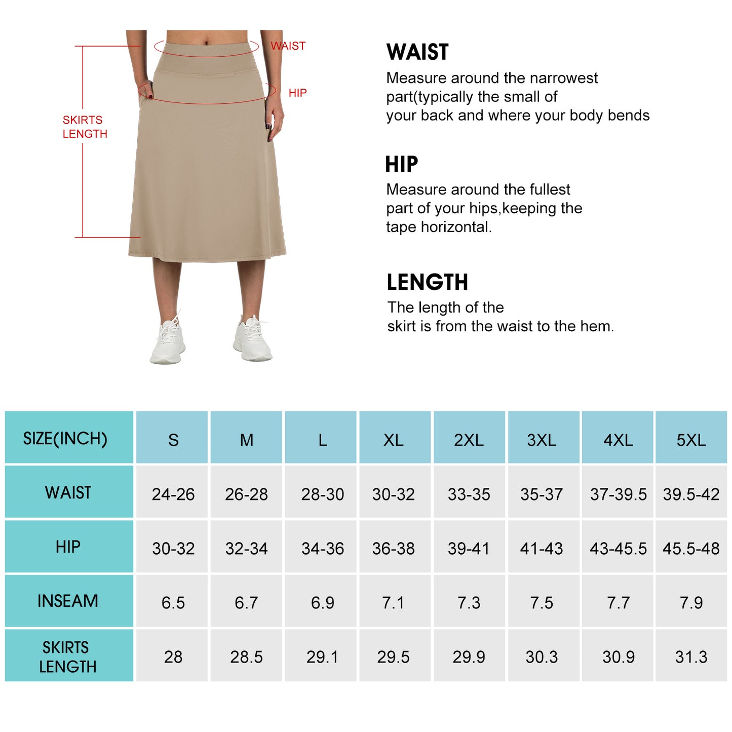 28" Knee Length Skorts Skirts for Women with Zipper Pockets Stretchy Modest Aline Midi Skort for Casual Summer