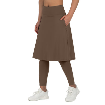ANIVIVO Skirted Leggings for Women with Pockets Long Skirt with full Leggings 25"Knee Length with 2 Zipper Pockets-Brown