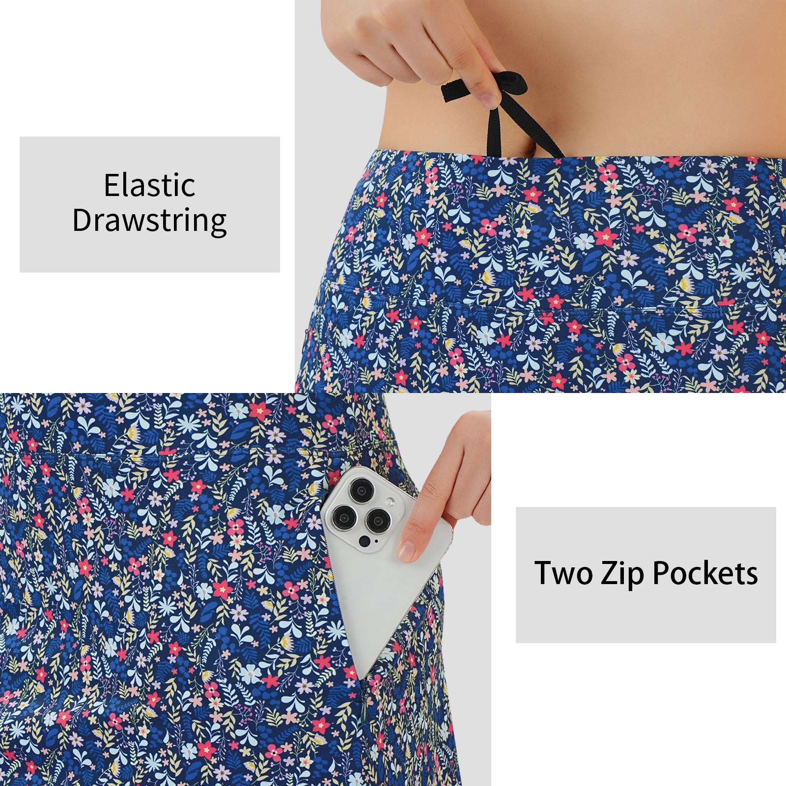 ANIVIVO Women's 20" Knee Length Skorts with Pockets Golf Tennis Skirt 2 Zipper Pockets High Waisted Built-In Shorts-Bluemulti Flowers