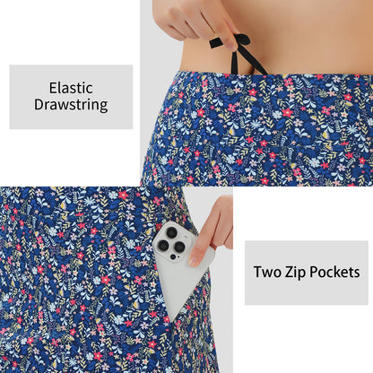 ANIVIVO Women's 20" Knee Length Skorts with Pockets Golf Tennis Skirt 2 Zipper Pockets High Waisted Built-In Shorts-Bluemulti Flowers
