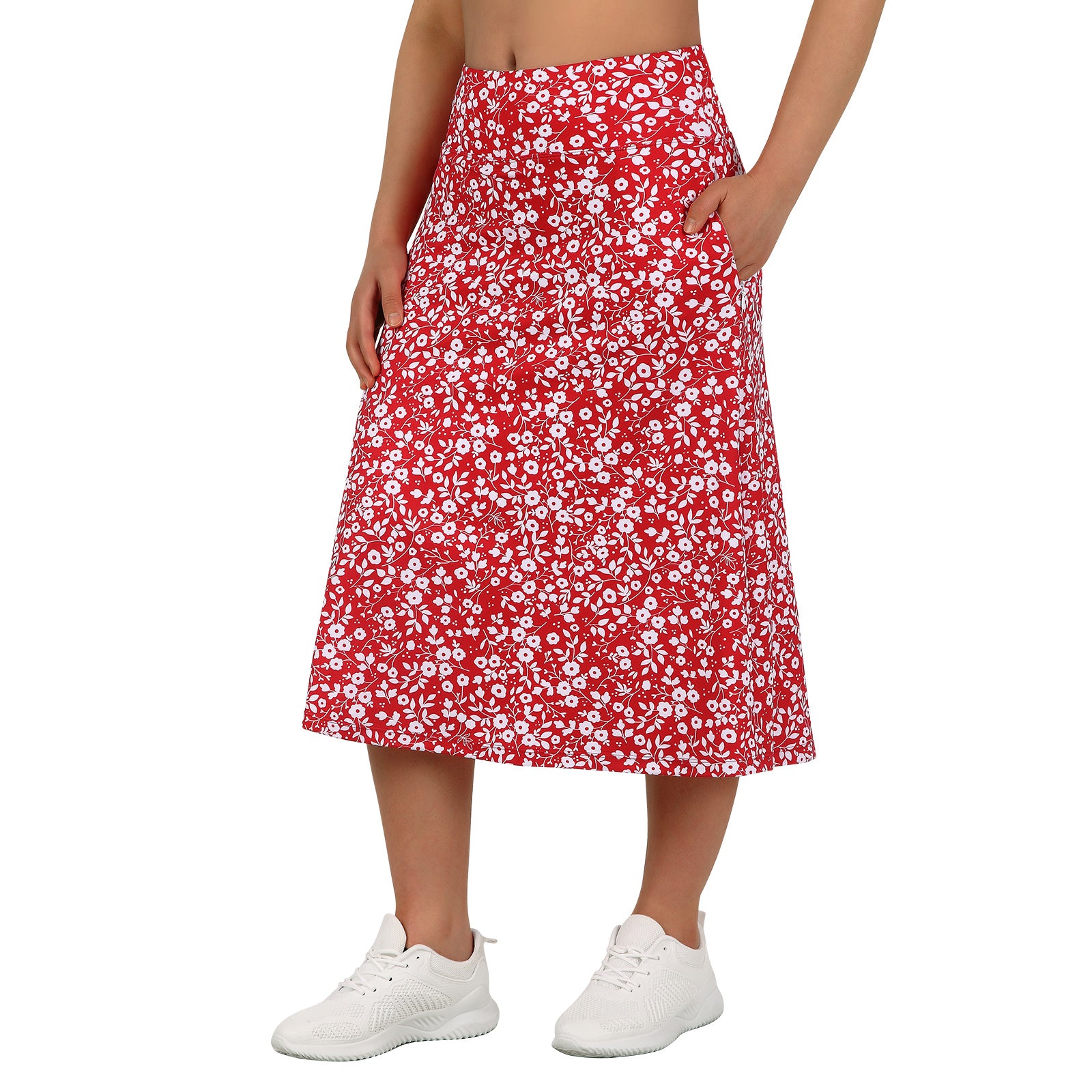 ANIVIVO Women 28" Midi Long Skorts Knee Length Athletic Skirt with Pocket-Redwhitefloral