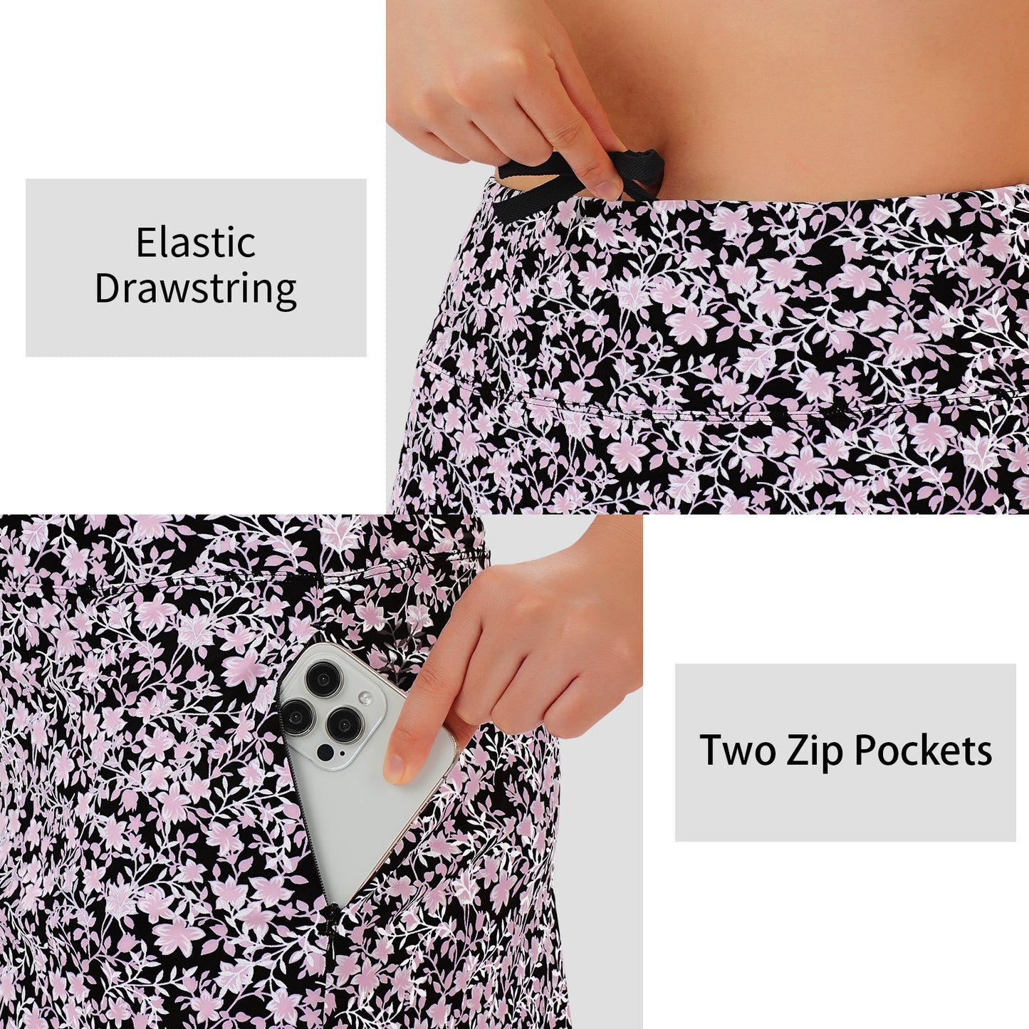 ANIVIVO Women's 20" Knee Length Skorts with Pockets Golf Tennis Skirt 2 Zipper Pockets High Waisted Built-In Shorts-Blackpink Leaves