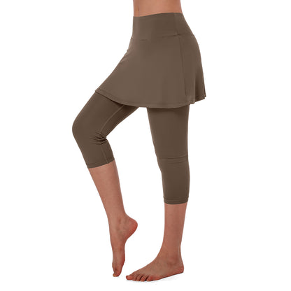 ANIVIVO Women Tennis Skirted Leggings Yoga Legging with Skirt-Brown