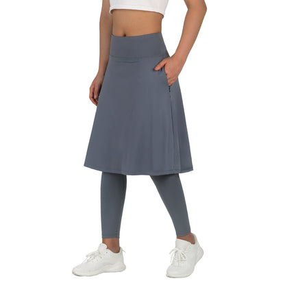 ANIVIVO Skirted Leggings for Women with Pockets Long Skirt with full Leggings 25"Knee Length with 2 Zipper Pockets-Grey