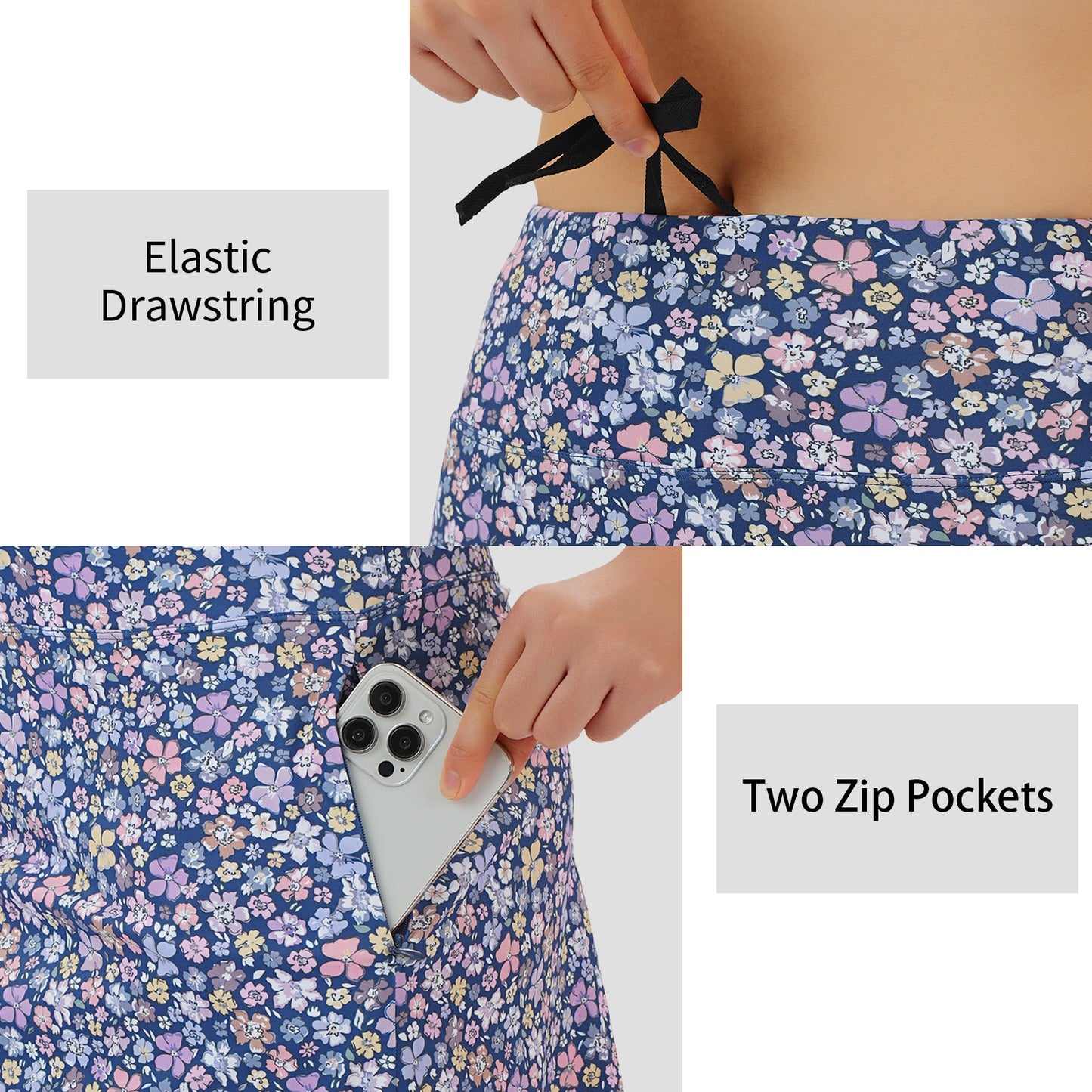 ANIVIVO Women's 20" Knee Length Skorts with Pockets Golf Tennis Skirt 2 Zipper Pockets High Waisted Built-In Shorts-Bluepurple Flower