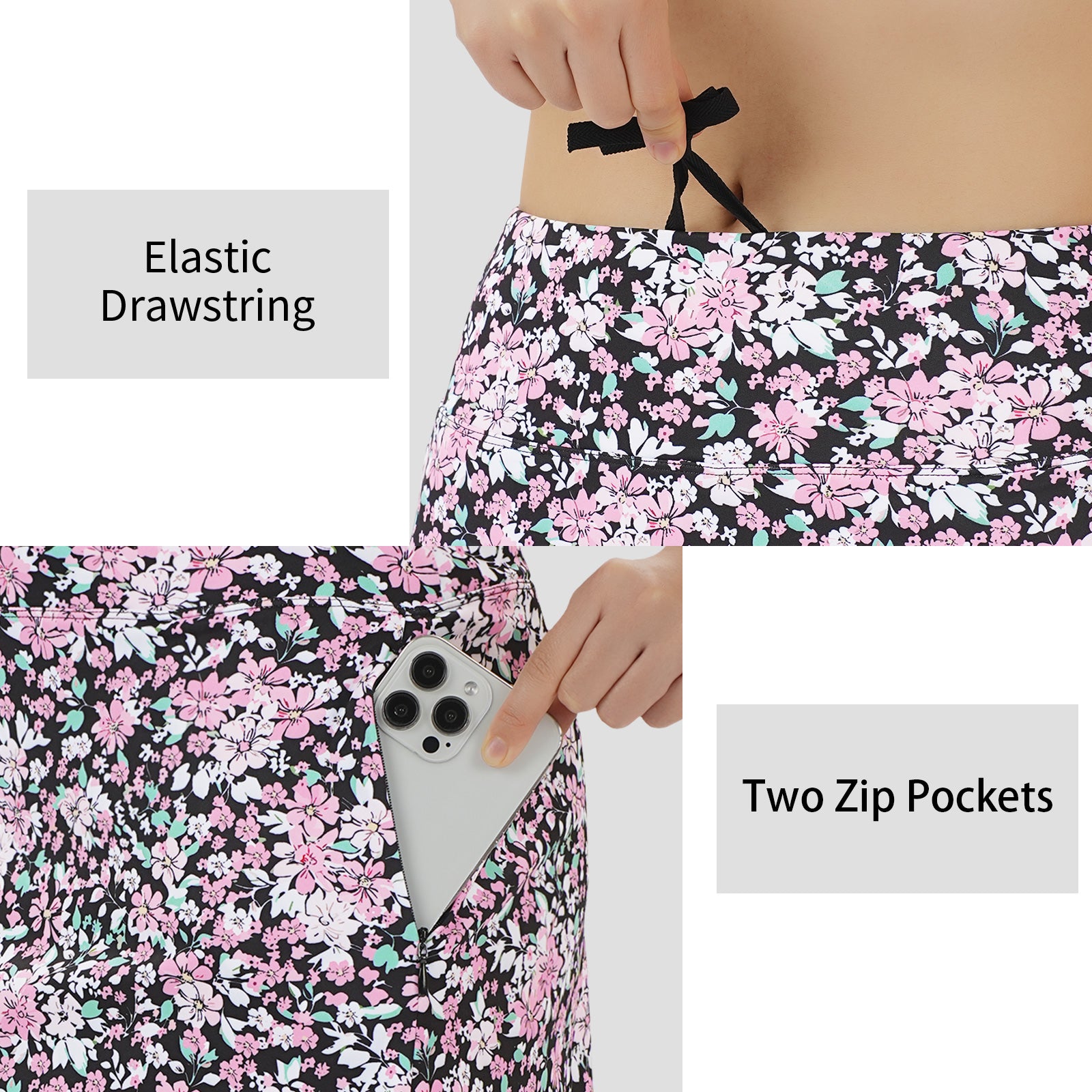 ANIVIVO Women's 20" Knee Length Skorts with Pockets Golf Tennis Skirt 2 Zipper Pockets High Waisted Built-In Shorts-Blackpink Flower