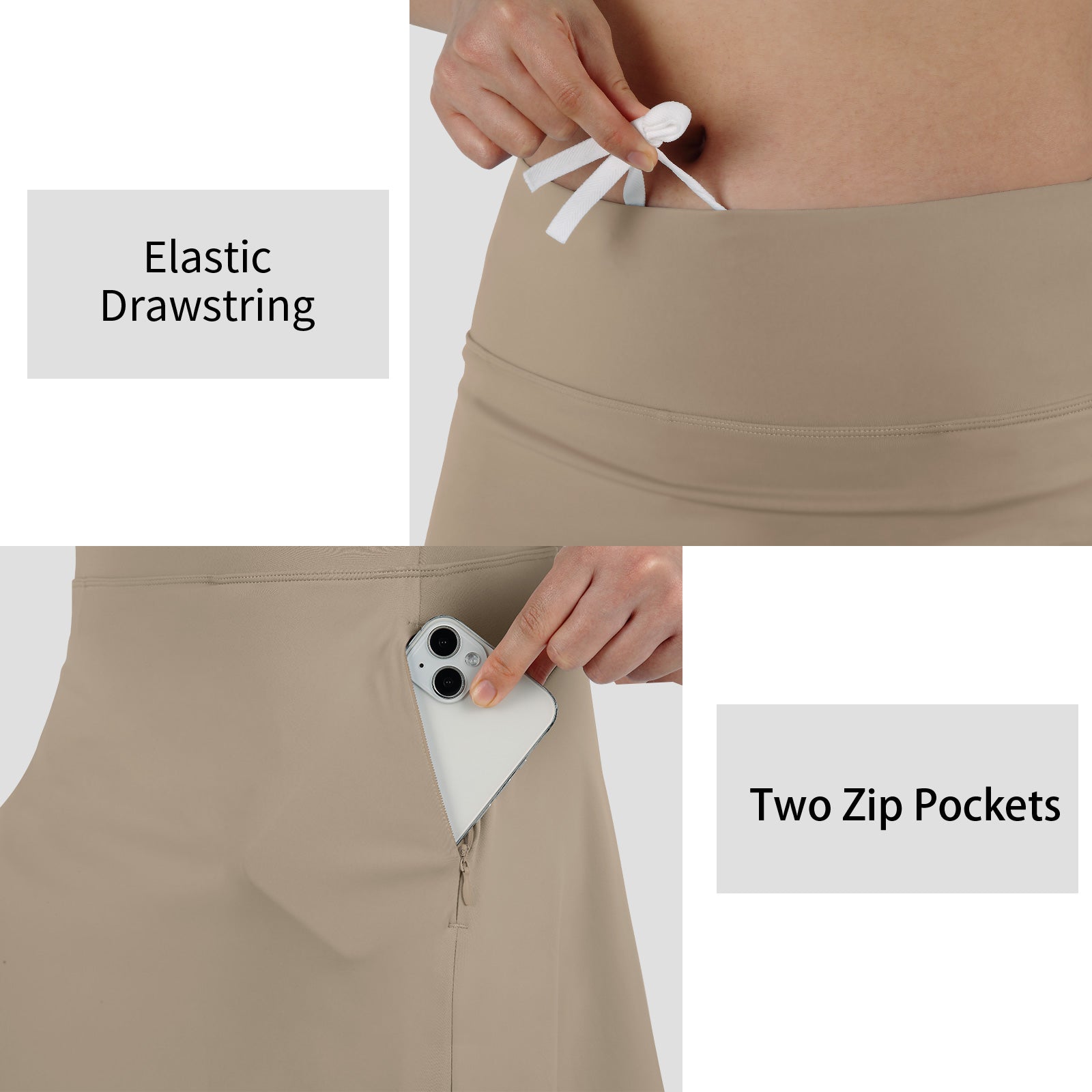 ANIVIVO Women's 20" Knee Length Skorts with Pockets Golf Tennis Skirt 2 Zipper Pockets High Waisted Built-In Shorts-Khaki