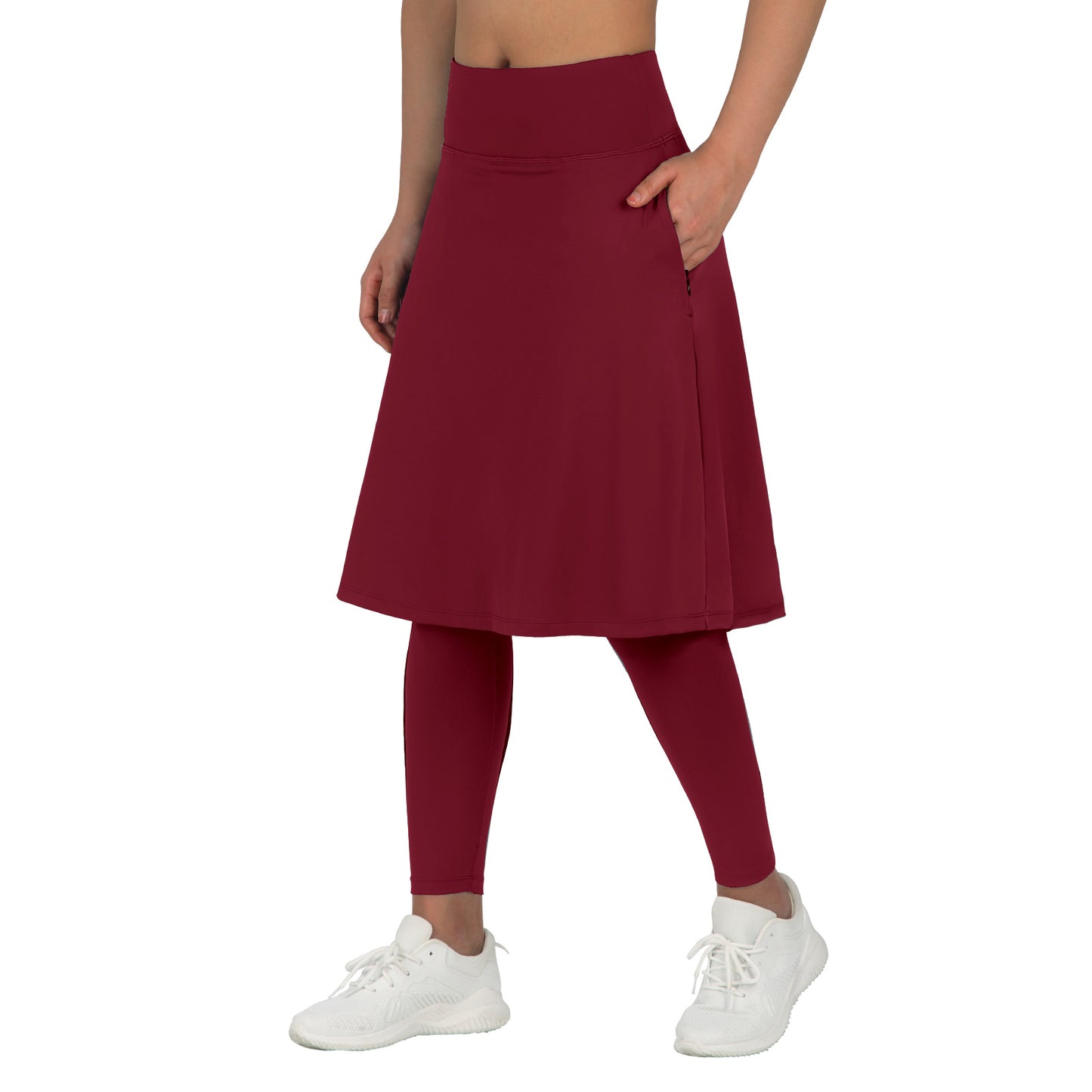 ANIVIVO Skirted Leggings for Women with Pockets Long Skirt with full Leggings 25"Knee Length with 2 Zipper Pockets-Wine Red