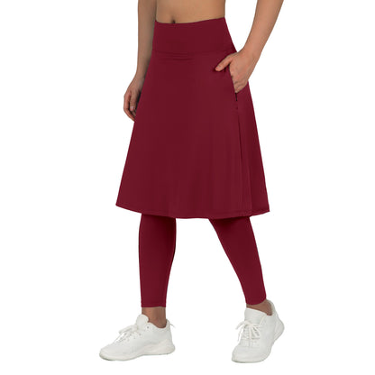 ANIVIVO Skirted Leggings for Women with Pockets Long Skirt with full Leggings 25"Knee Length with 2 Zipper Pockets-Wine Red