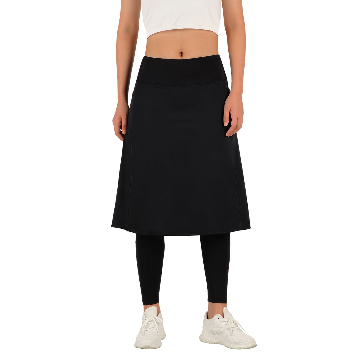 ANIVIVO Skirted Leggings for Women with Pockets Long Skirt with full Leggings 25"Knee Length with 2 Zipper Pockets-Black