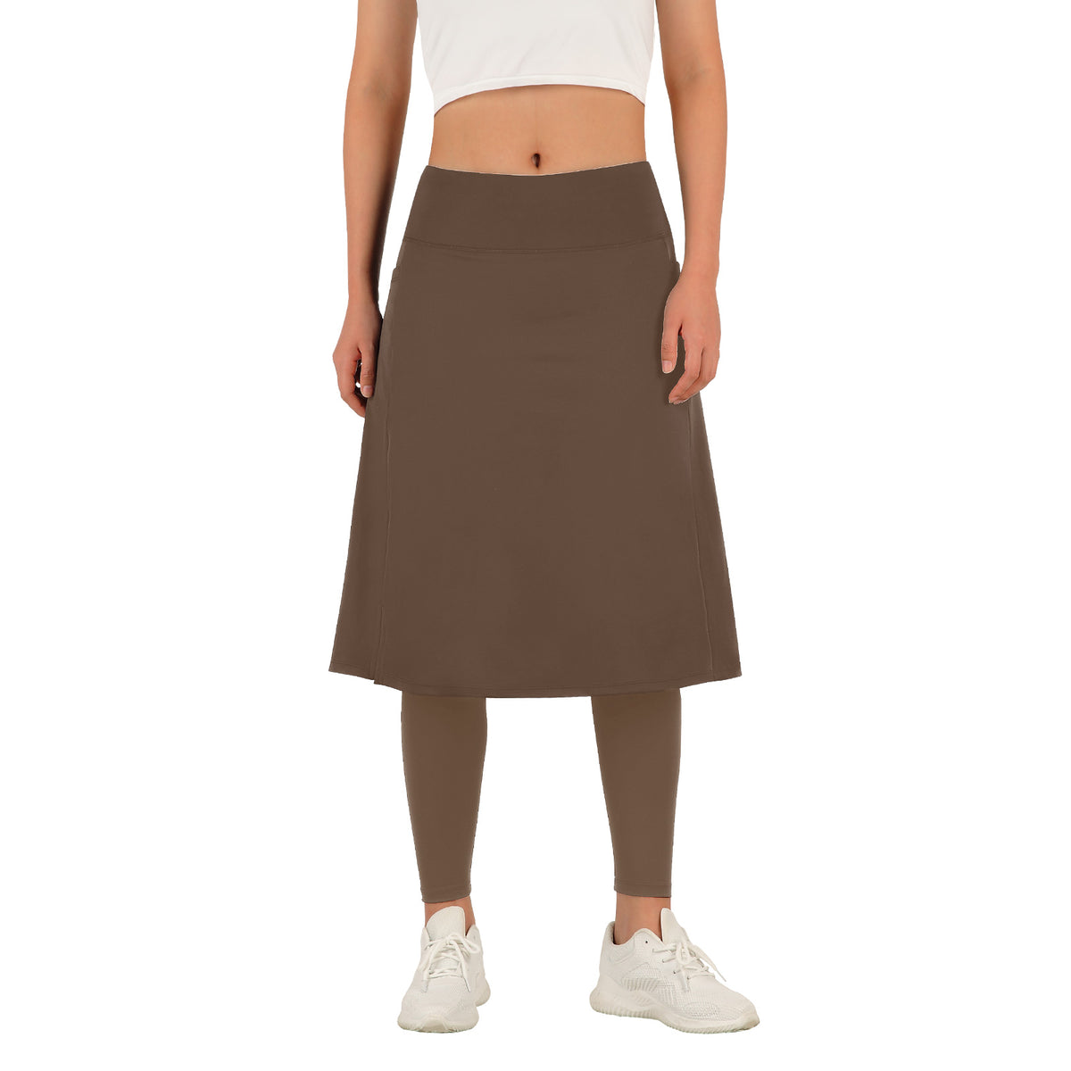 ANIVIVO Skirted Leggings for Women with Pockets Long Skirt with full Leggings 25"Knee Length with 2 Zipper Pockets-All Brown