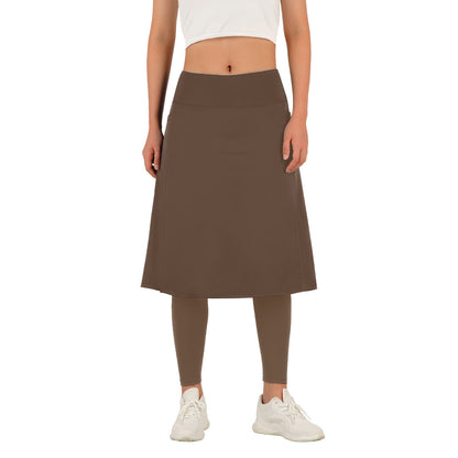 ANIVIVO Skirted Leggings for Women with Pockets Long Skirt with full Leggings 25"Knee Length with 2 Zipper Pockets-All Brown