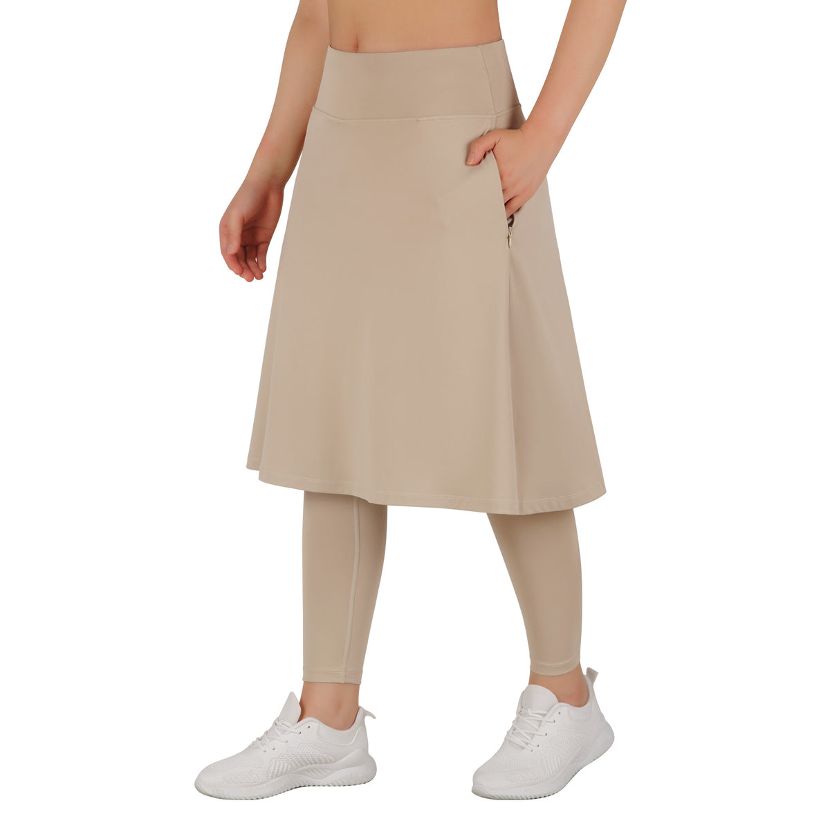 ANIVIVO Skirted Leggings for Women with Pockets Long Skirt with full Leggings 25"Knee Length with 2 Zipper Pockets-Khaki