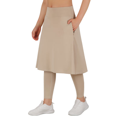 ANIVIVO Skirted Leggings for Women with Pockets Long Skirt with full Leggings 25"Knee Length with 2 Zipper Pockets-Khaki