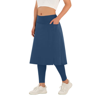ANIVIVO Skirted Leggings for Women with Pockets Long Skirt with full Leggings 25"Knee Length with 2 Zipper Pockets-Navy Blue