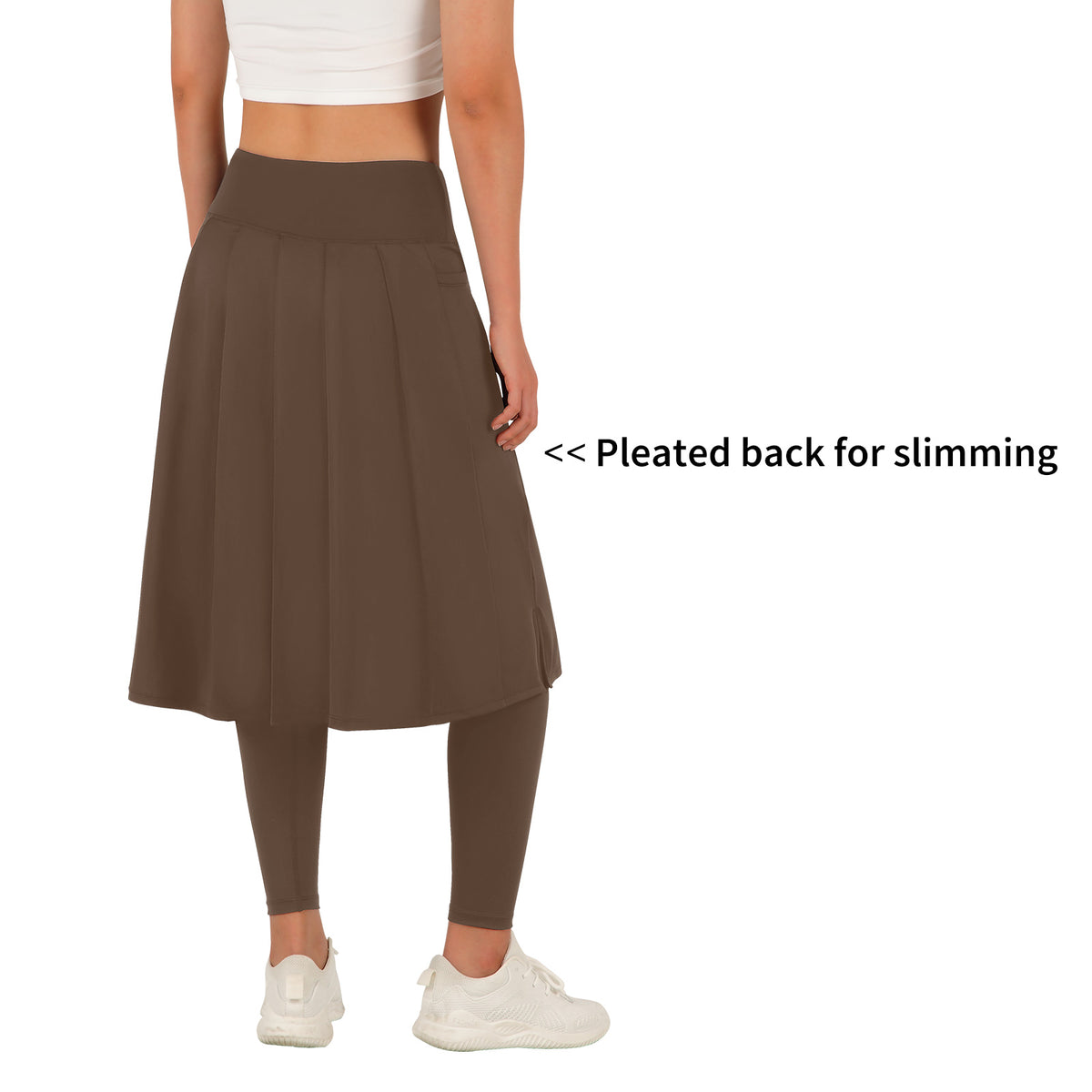 ANIVIVO Skirted Leggings for Women with Pockets Long Skirt with full Leggings 25"Knee Length with 2 Zipper Pockets-All Brown