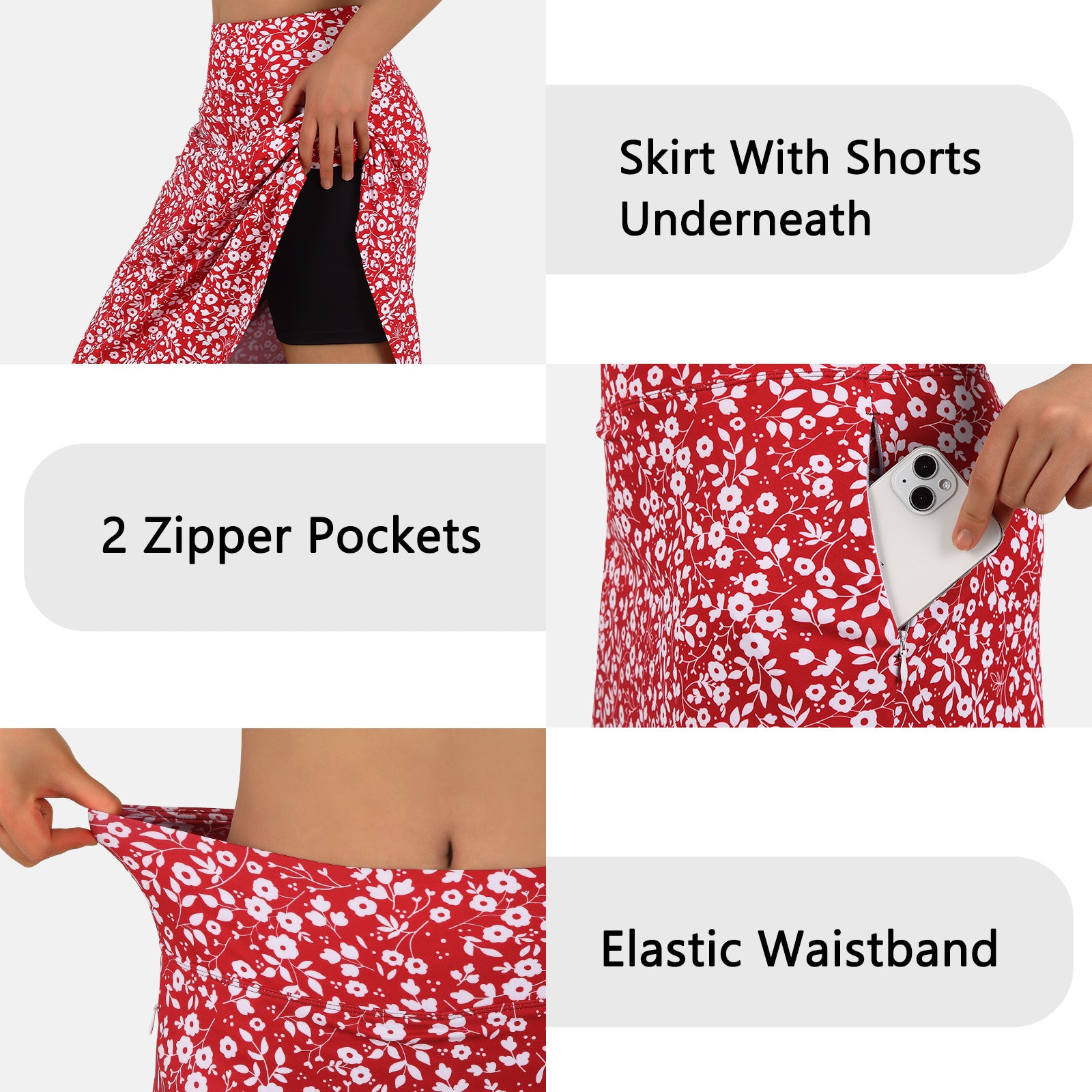 ANIVIVO Women 28" Midi Long Skorts Knee Length Athletic Skirt with Pocket-Redwhitefloral