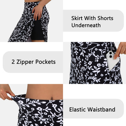 ANIVIVO Women 28" Midi Long Skorts Knee Length Athletic Skirt with Pocket-Blackfloral