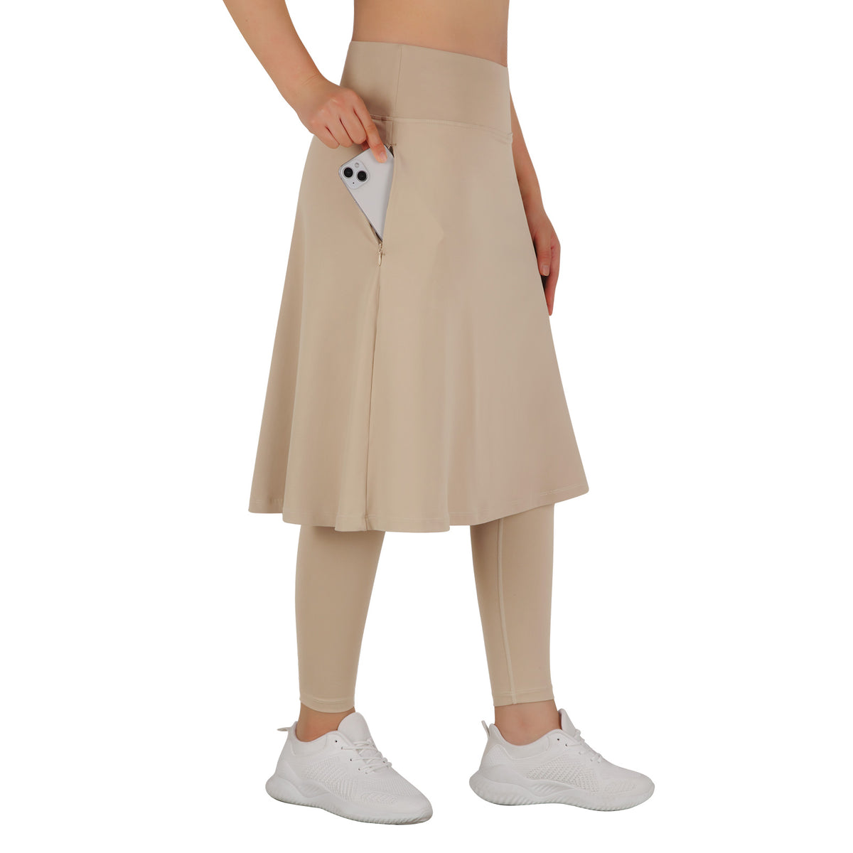 ANIVIVO Skirted Leggings for Women with Pockets Long Skirt with full Leggings 25"Knee Length with 2 Zipper Pockets-Khaki