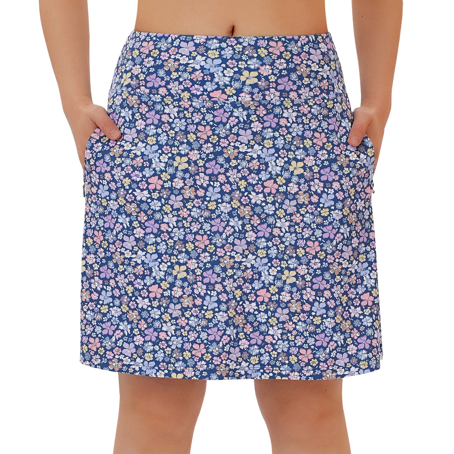 ANIVIVO Women's 20" Knee Length Skorts with Pockets Golf Tennis Skirt 2 Zipper Pockets High Waisted Built-In Shorts-Bluepurple Flower