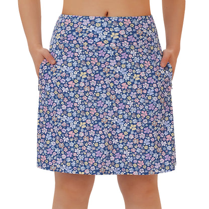 ANIVIVO Women's 20" Knee Length Skorts with Pockets Golf Tennis Skirt 2 Zipper Pockets High Waisted Built-In Shorts-Bluepurple Flower