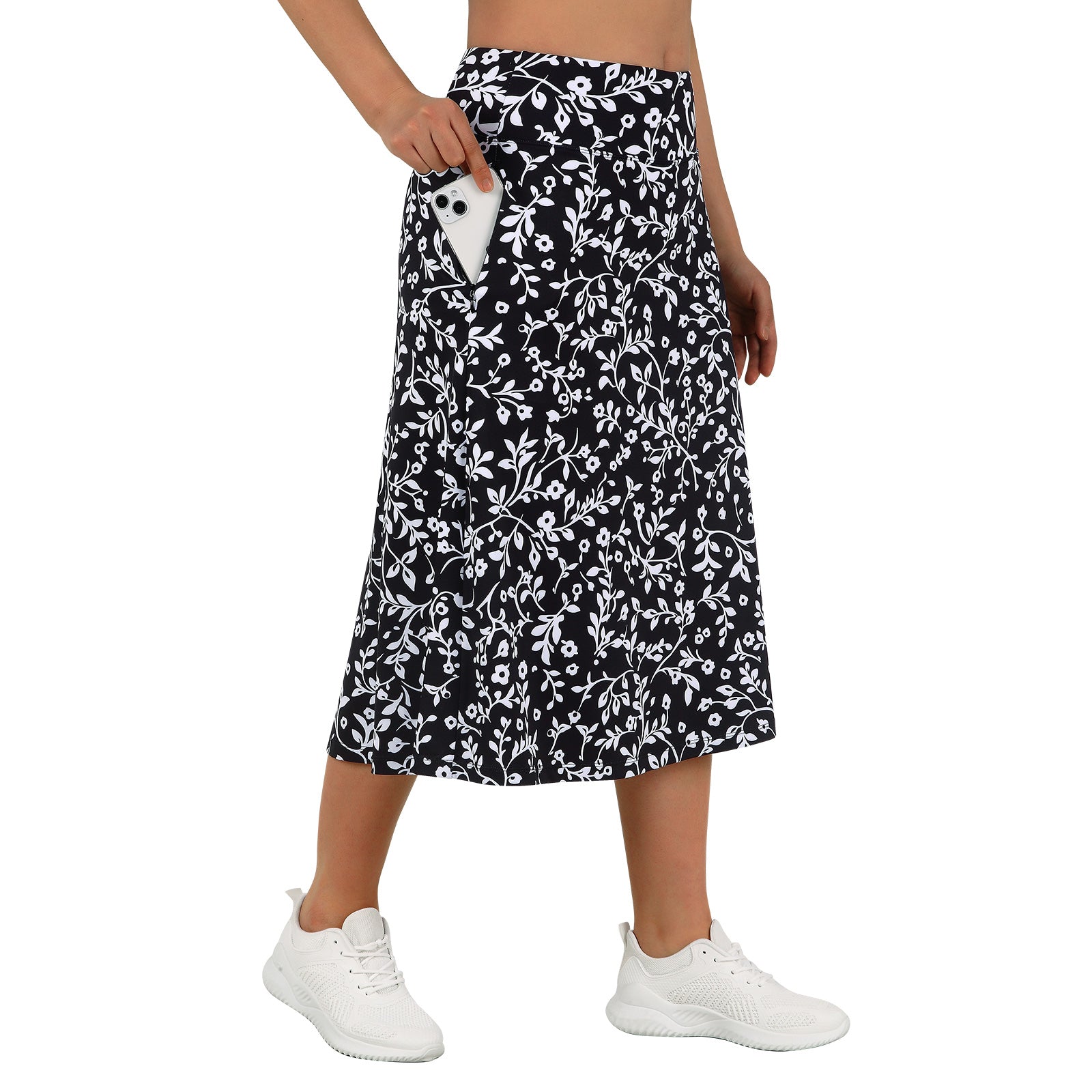 ANIVIVO Women 28" Midi Long Skorts Knee Length Athletic Skirt with Pocket-Blackfloral