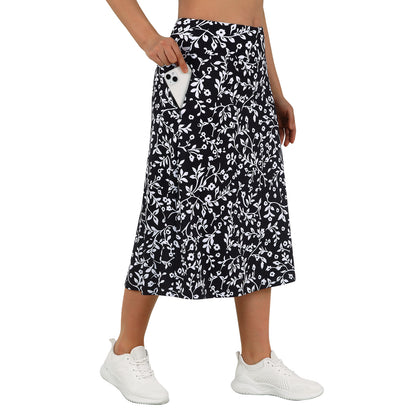ANIVIVO Women 28" Midi Long Skorts Knee Length Athletic Skirt with Pocket-Blackfloral