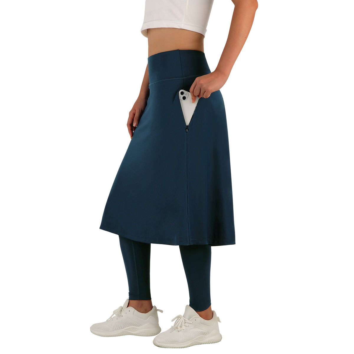 ANIVIVO Skirted Leggings for Women with Pockets Long Skirt with full Leggings 25"Knee Length with 2 Zipper Pockets-Navy Blue