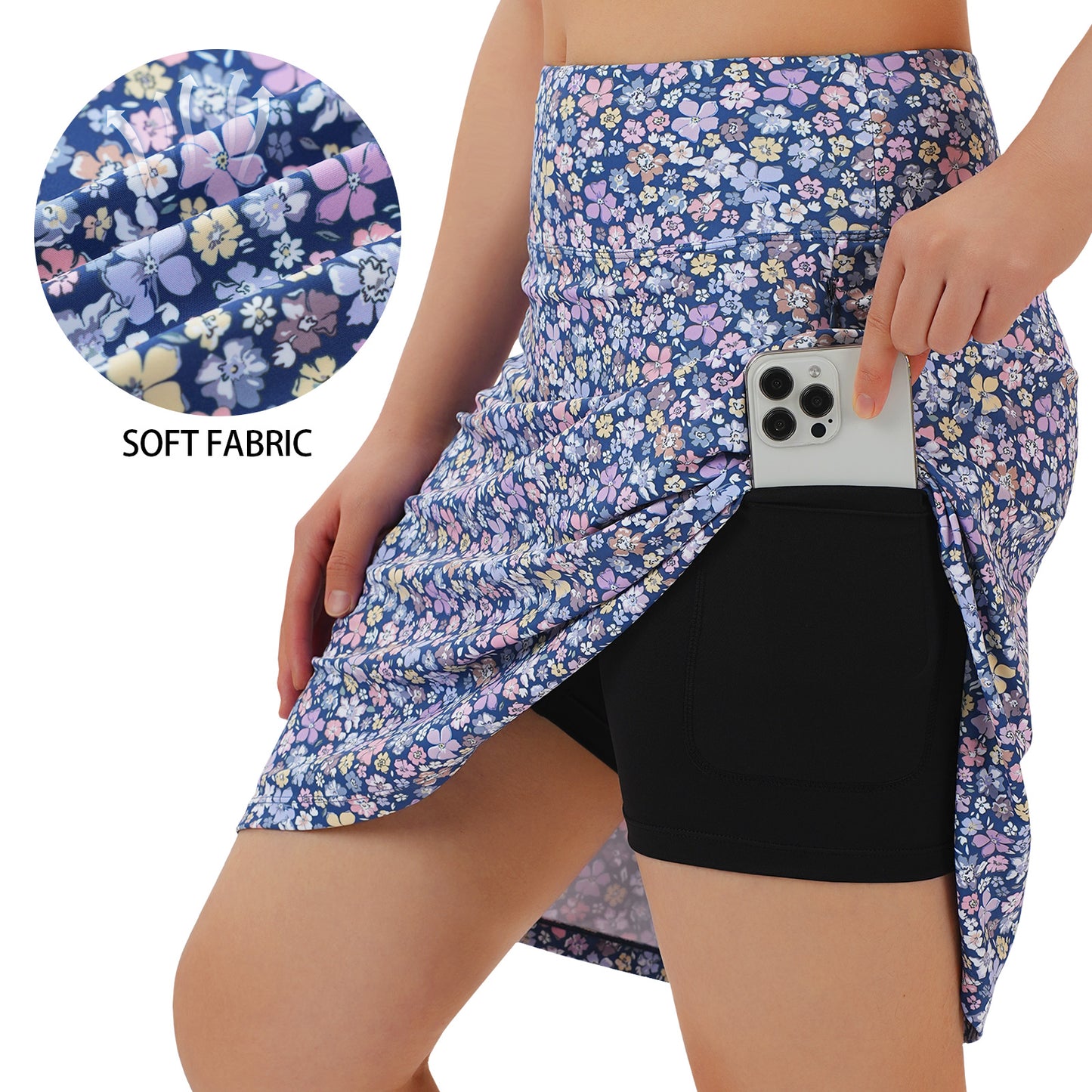 ANIVIVO Women's 20" Knee Length Skorts with Pockets Golf Tennis Skirt 2 Zipper Pockets High Waisted Built-In Shorts-Bluepurple Flower