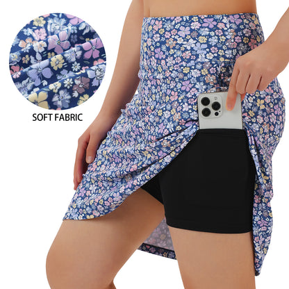 ANIVIVO Women's 20" Knee Length Skorts with Pockets Golf Tennis Skirt 2 Zipper Pockets High Waisted Built-In Shorts-Bluepurple Flower