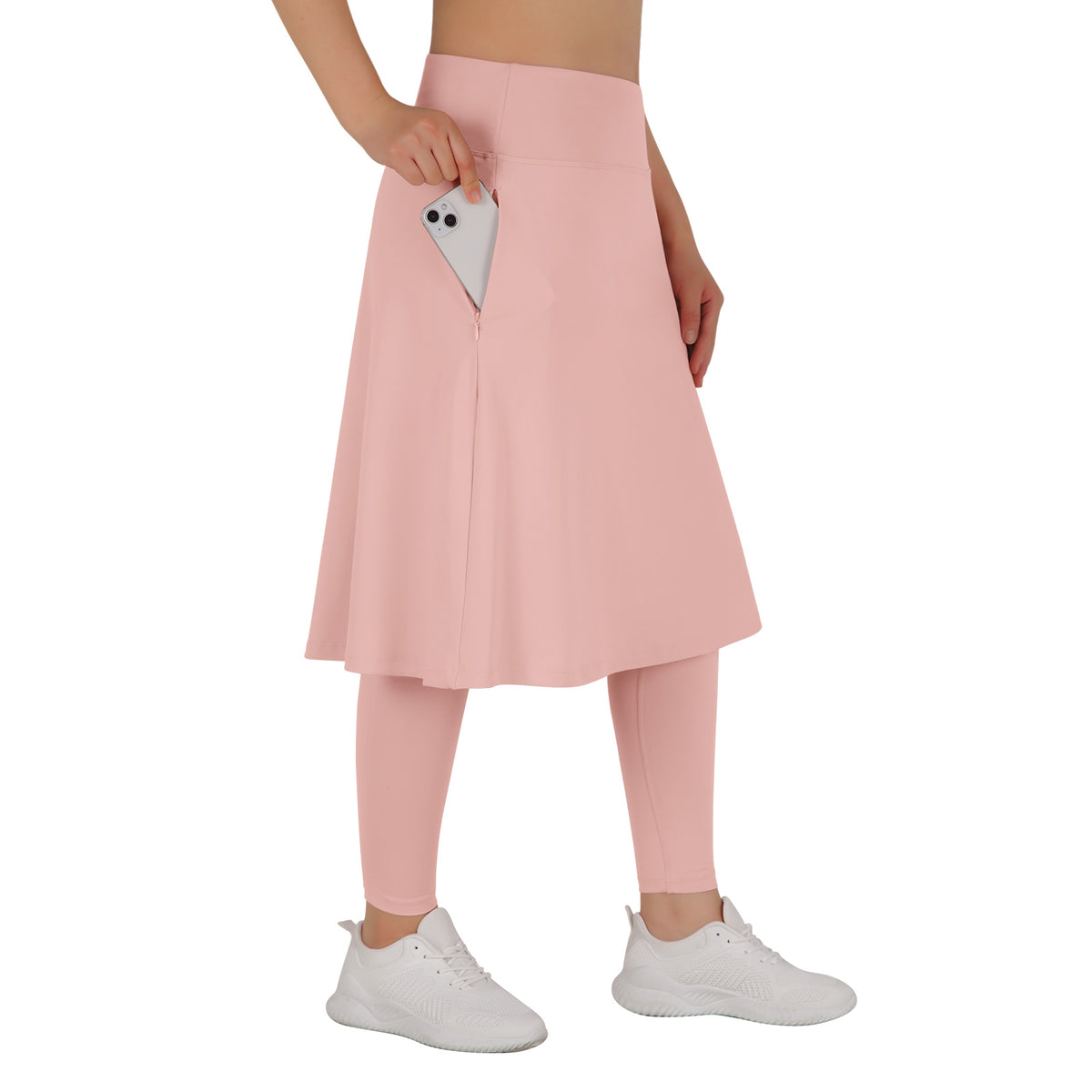 ANIVIVO Skirted Leggings for Women with Pockets Long Skirt with full Leggings 25"Knee Length with 2 Zipper Pockets-Light Pink