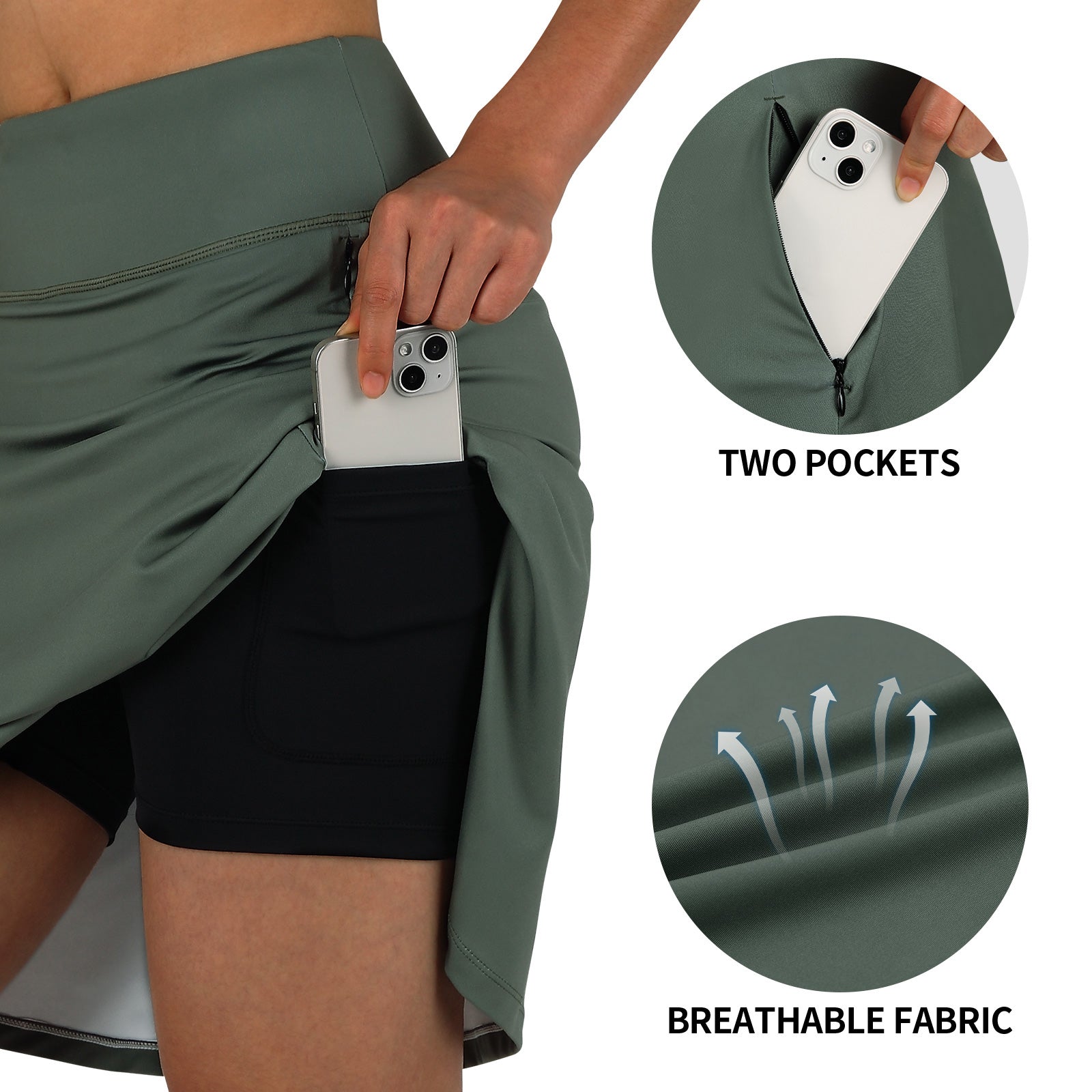 ANIVIVO Women's 20" Knee Length Skorts with Pockets Golf Tennis Skirt 2 Zipper Pockets-Army Green