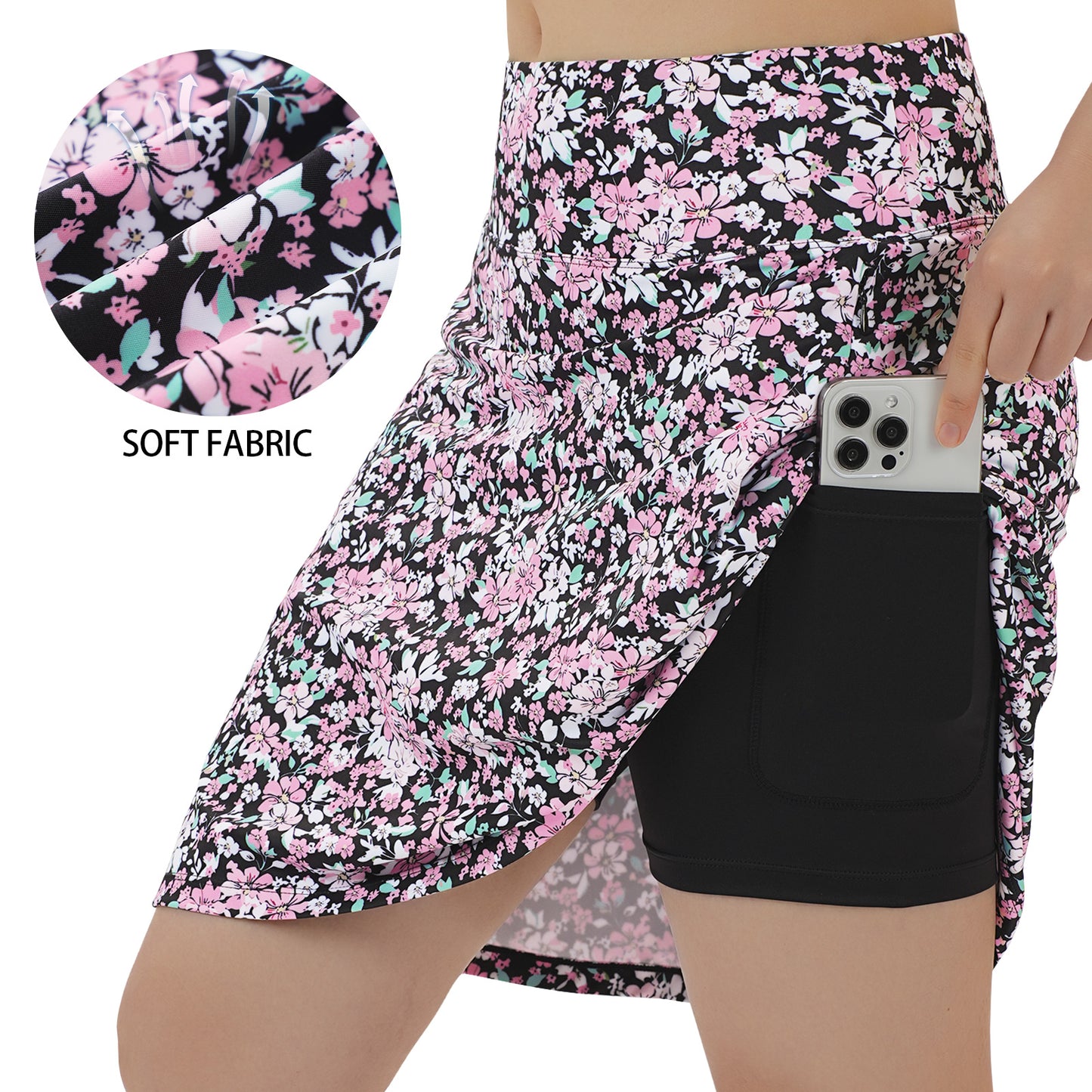 ANIVIVO Women's 20" Knee Length Skorts with Pockets Golf Tennis Skirt 2 Zipper Pockets High Waisted Built-In Shorts-Blackpink Flower