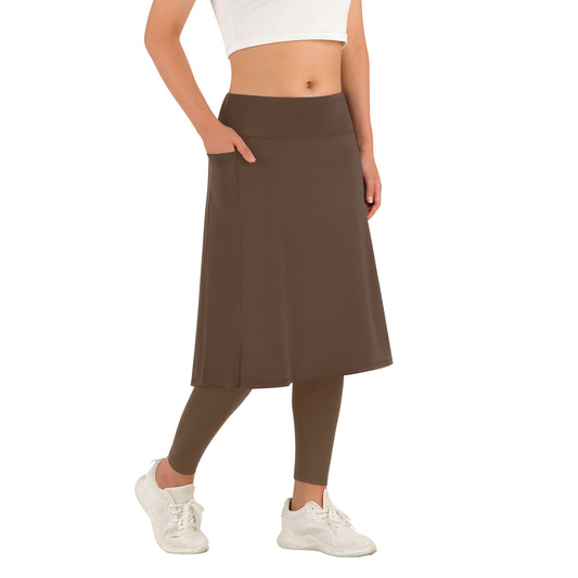 ANIVIVO Skirted Leggings for Women with Pockets Long Skirt with full Leggings 25"Knee Length with 2 Zipper Pockets-All Brown