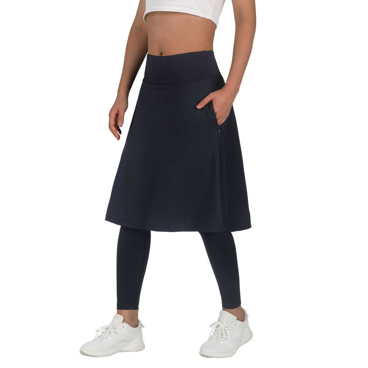 ANIVIVO Skirted Leggings for Women with Pockets Long Skirt with full Leggings 25"Knee Length with 2 Zipper Pockets-Black