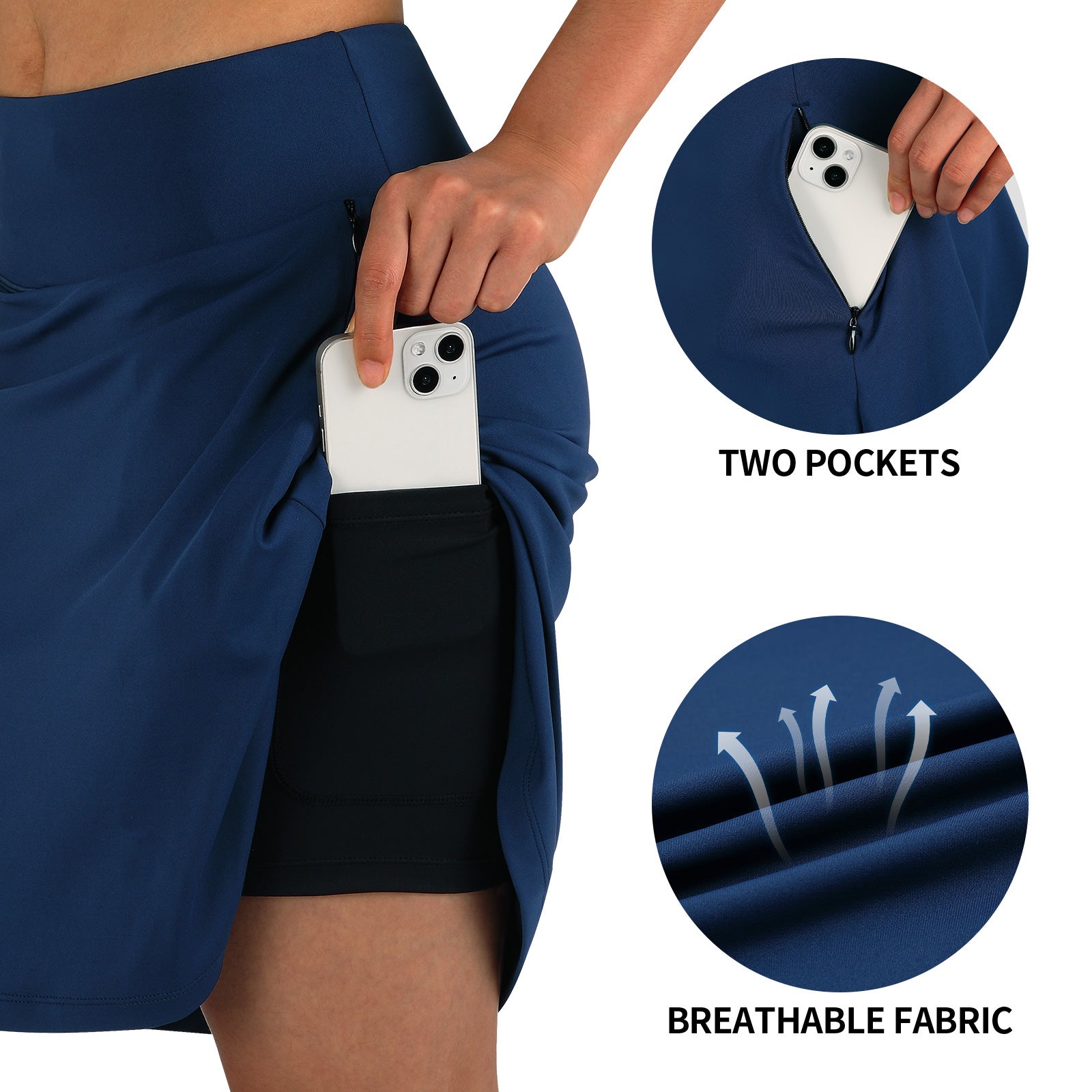 ANIVIVO Women's 20" Knee Length Skorts with Pockets Golf Tennis Skirt 2 Zipper Pockets High Waisted Built-In Shorts-Navy
