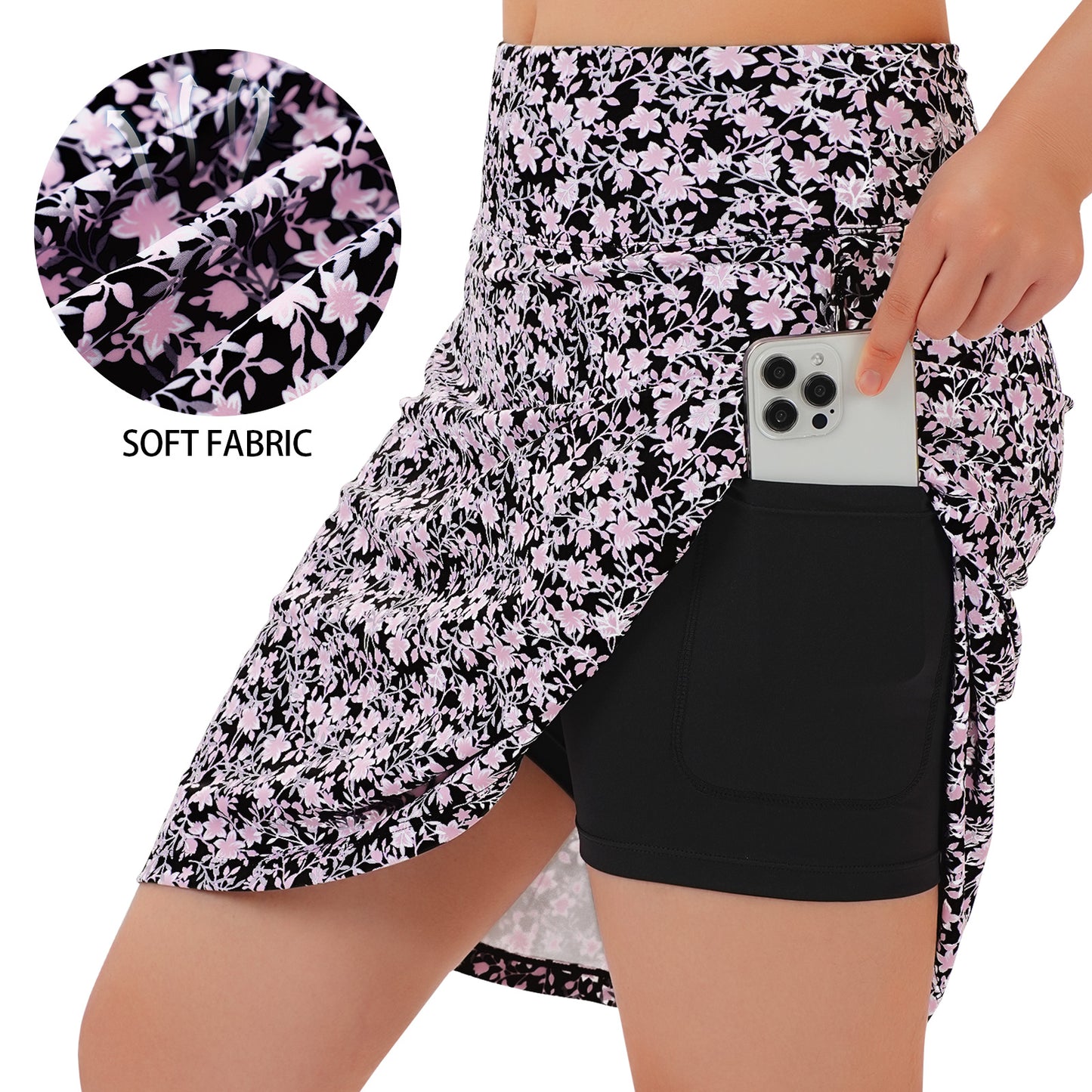 ANIVIVO Women's 20" Knee Length Skorts with Pockets Golf Tennis Skirt 2 Zipper Pockets High Waisted Built-In Shorts-Blackpink Leaves