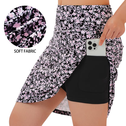ANIVIVO Women's 20" Knee Length Skorts with Pockets Golf Tennis Skirt 2 Zipper Pockets High Waisted Built-In Shorts-Blackpink Leaves