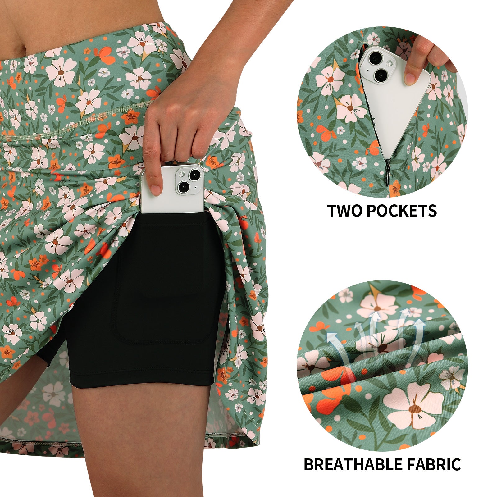 ANIVIVO Women's 20" Knee Length Skorts with Pockets Golf Tennis Skirt
2 Zipper Pockets High Waisted-Green Floral Print