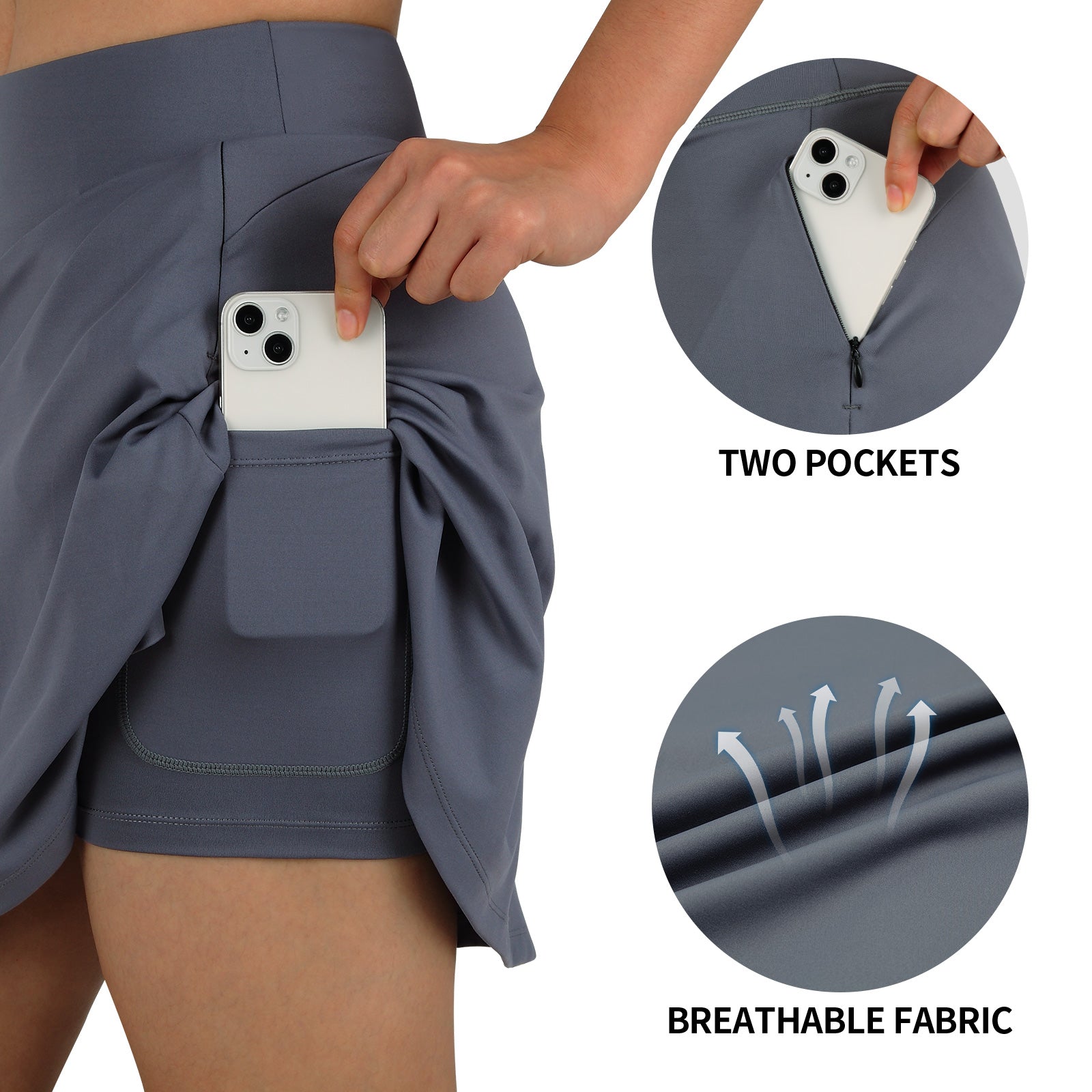 ANIVIVO Women's 20" Knee Length Skorts with Pockets Golf Tennis Skirt
2 Zipper Pockets High Waisted Built-In Shorts-Grey