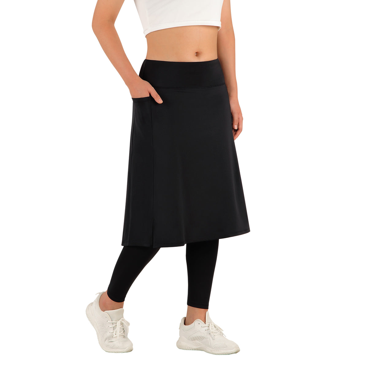 ANIVIVO Skirted Leggings for Women with Pockets Long Skirt with full Leggings 25"Knee Length with 2 Zipper Pockets-Black