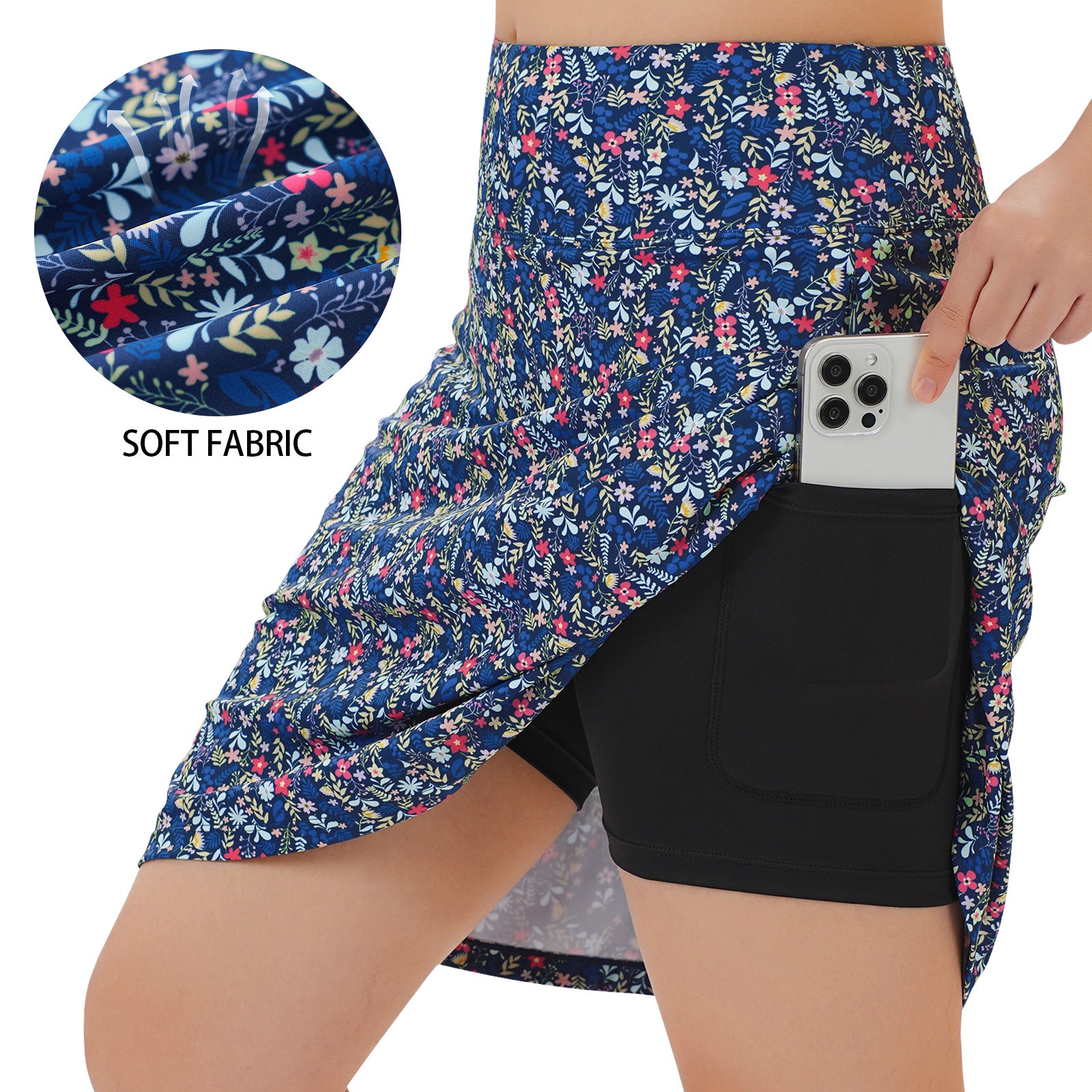 ANIVIVO Women's 20" Knee Length Skorts with Pockets Golf Tennis Skirt 2 Zipper Pockets High Waisted Built-In Shorts-Bluemulti Flowers