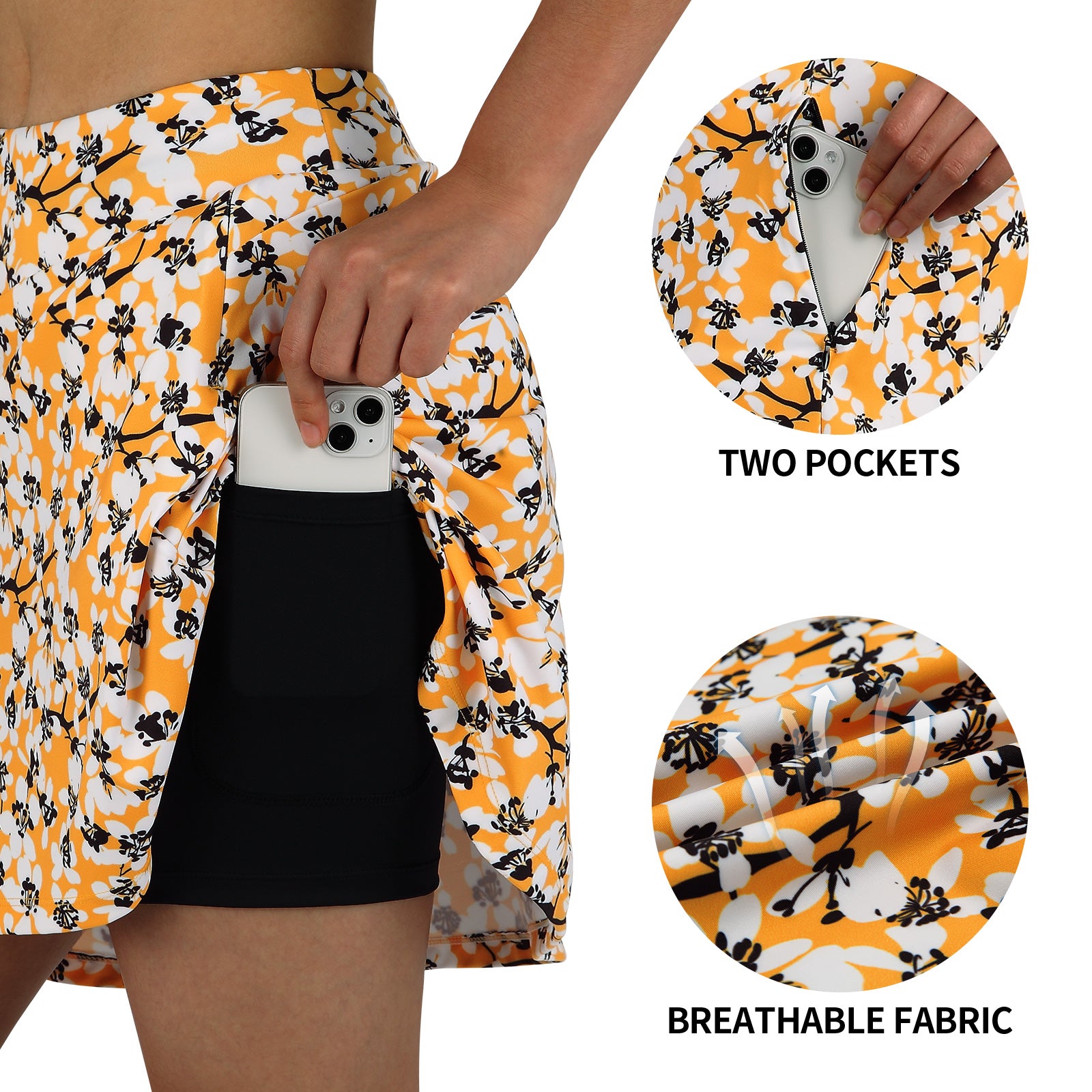 ANIVIVO Women's 20" Knee Length Skorts with Pockets Golf Tennis Skirt 2 Zipper Pockets High Waisted Built-In Shorts-Yellow Floral