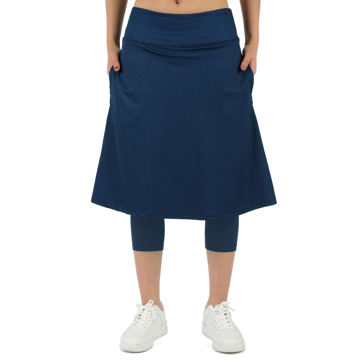 ANIVIVO Women Long Skirt with Leggings Skirted Leggings with Pockets High Waisted Zipper Pockets Modest Athletic skirt-Navy Blue