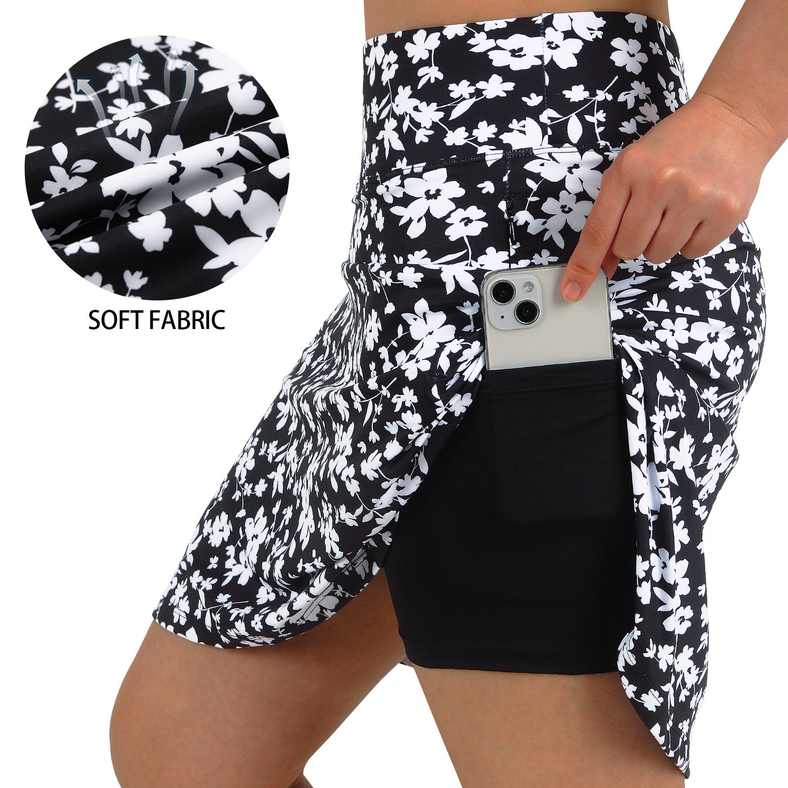 ANIVIVO Women's 20" Knee Length Skorts with Pockets Golf Tennis Skirt 2 Zipper Pockets High Waisted-Blackwhite Floral