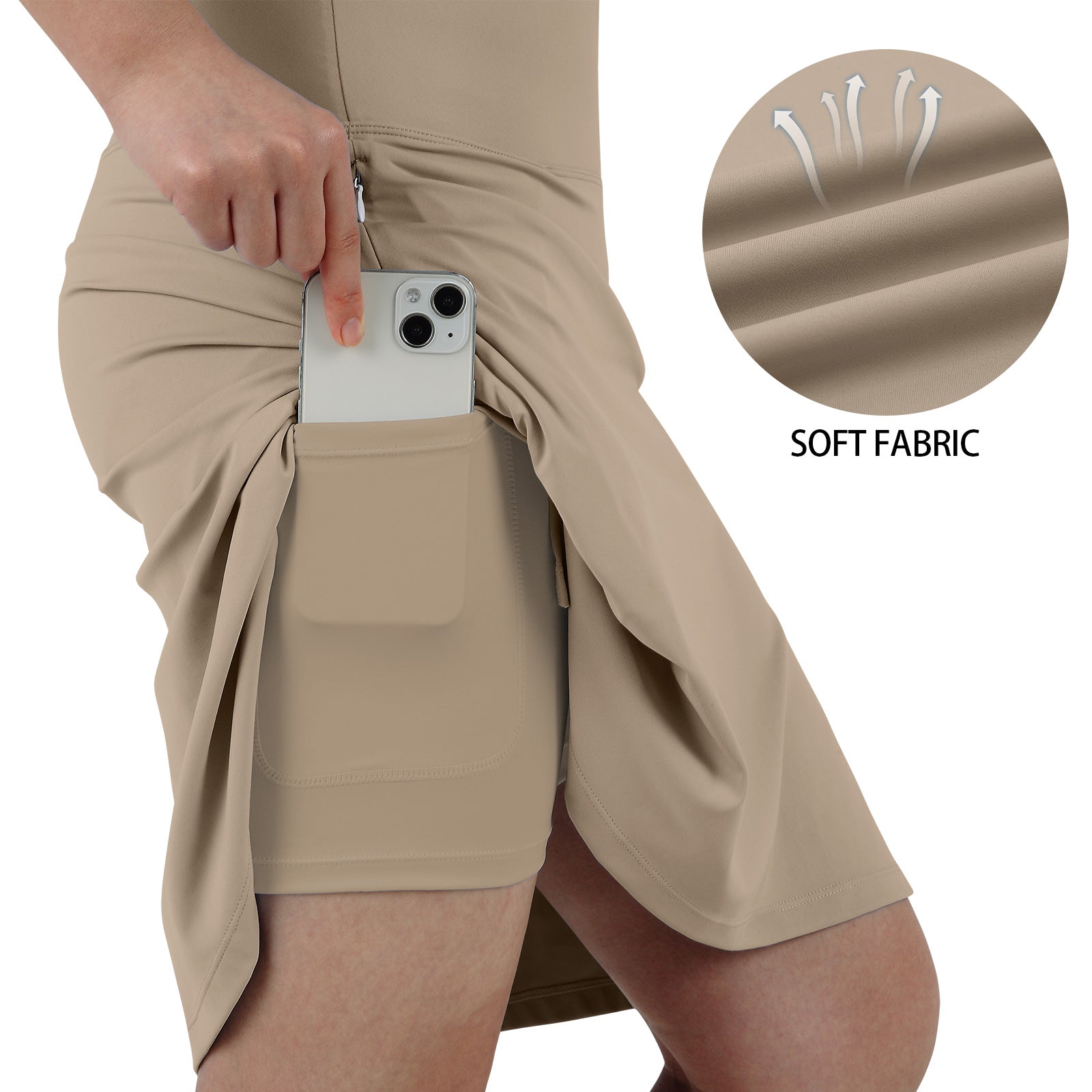 ANIVIVO Women's 20" Knee Length Skorts with Pockets Golf Tennis Skirt 2 Zipper Pockets High Waisted Built-In Shorts-Khaki