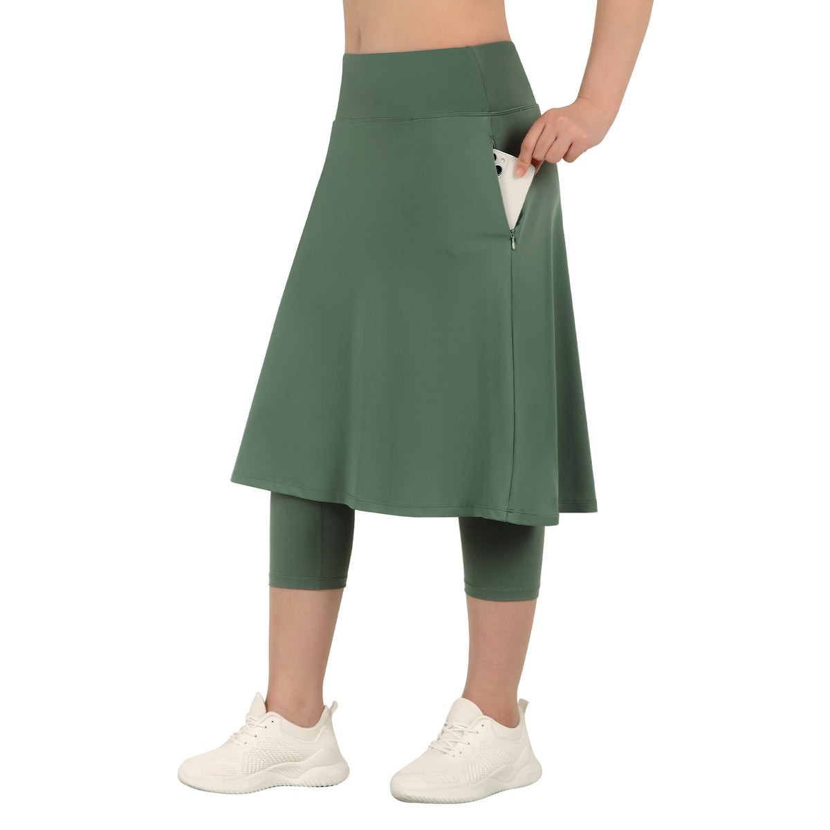 ANIVIVO Women Long Skirt with Leggings Skirted Leggings with Pockets High Waisted Zipper Pockets Modest Athletic skirt-Army Green