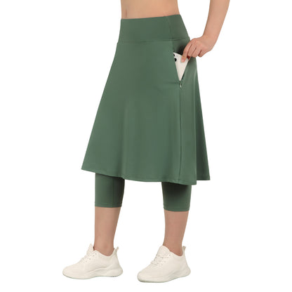 ANIVIVO Women Long Skirt with Leggings Skirted Leggings with Pockets High Waisted Zipper Pockets Modest Athletic skirt-Army Green